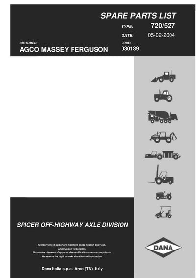 Dana Spicer 720/527 Front Axle Parts Catalog for Massey Ferguson Tractor – cover
