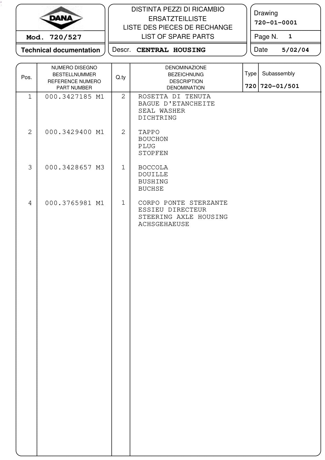 Dana Spicer 720/527 Front Axle Parts Catalog for Massey Ferguson Tractor – sample page 1