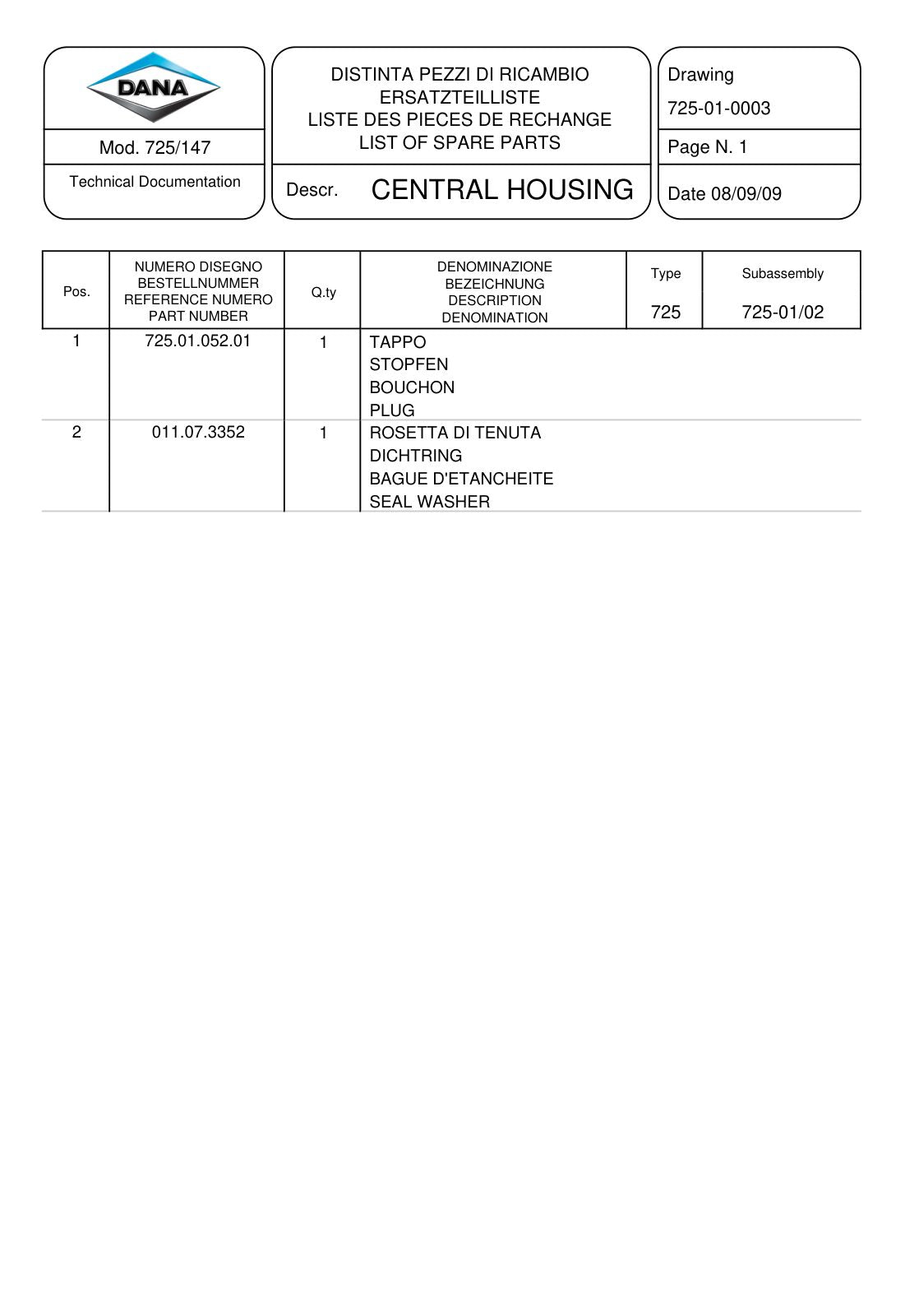 Dana Spicer 725/147 Front Axle Parts Catalog for Fendt Tractor – sample page 1