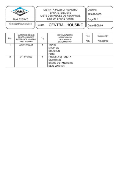 Dana Spicer 725/147 Front Axle Parts Catalog for Fendt Tractor – sample page 1