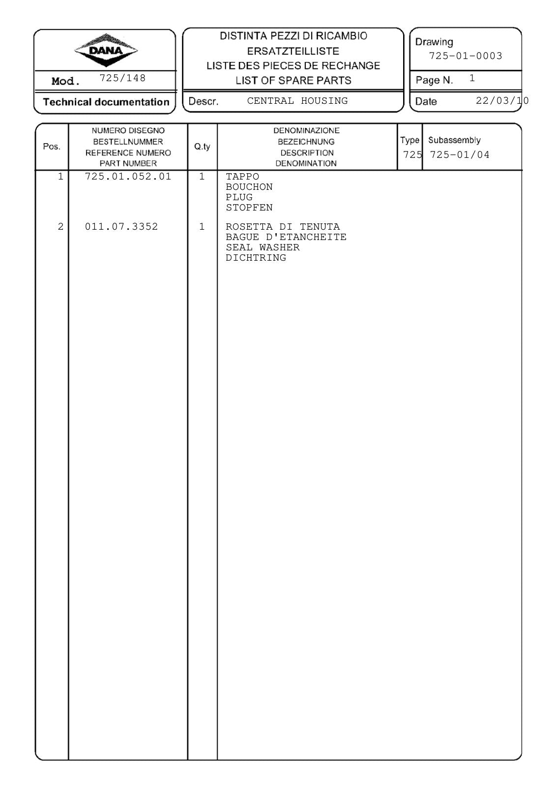 Dana Spicer 725/148 Front Axle Parts Catalog for Fendt Tractor – sample page 1