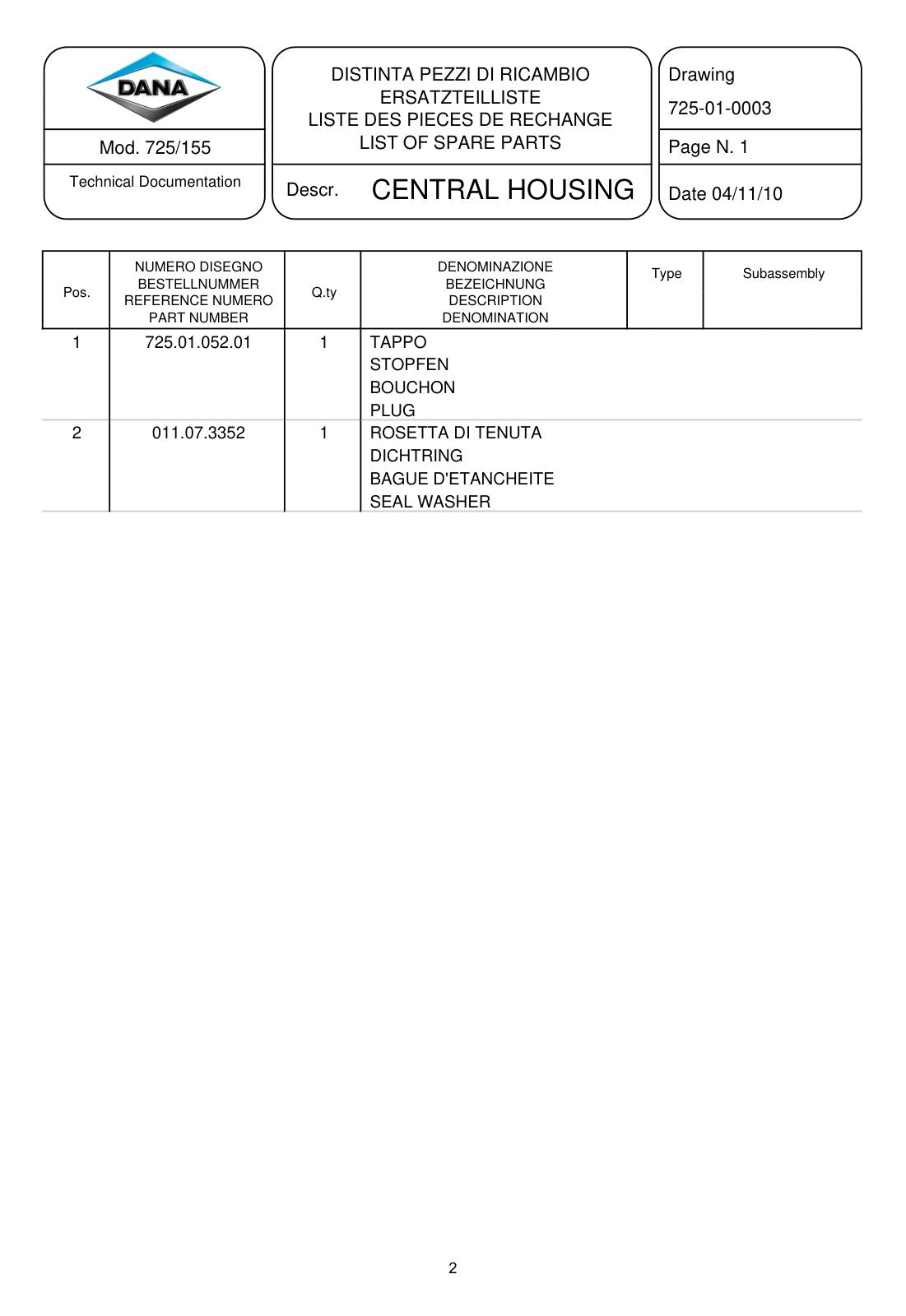 Dana Spicer 725/155 Front Axle Parts Catalog for Massey Ferguson Tractor – sample page 1