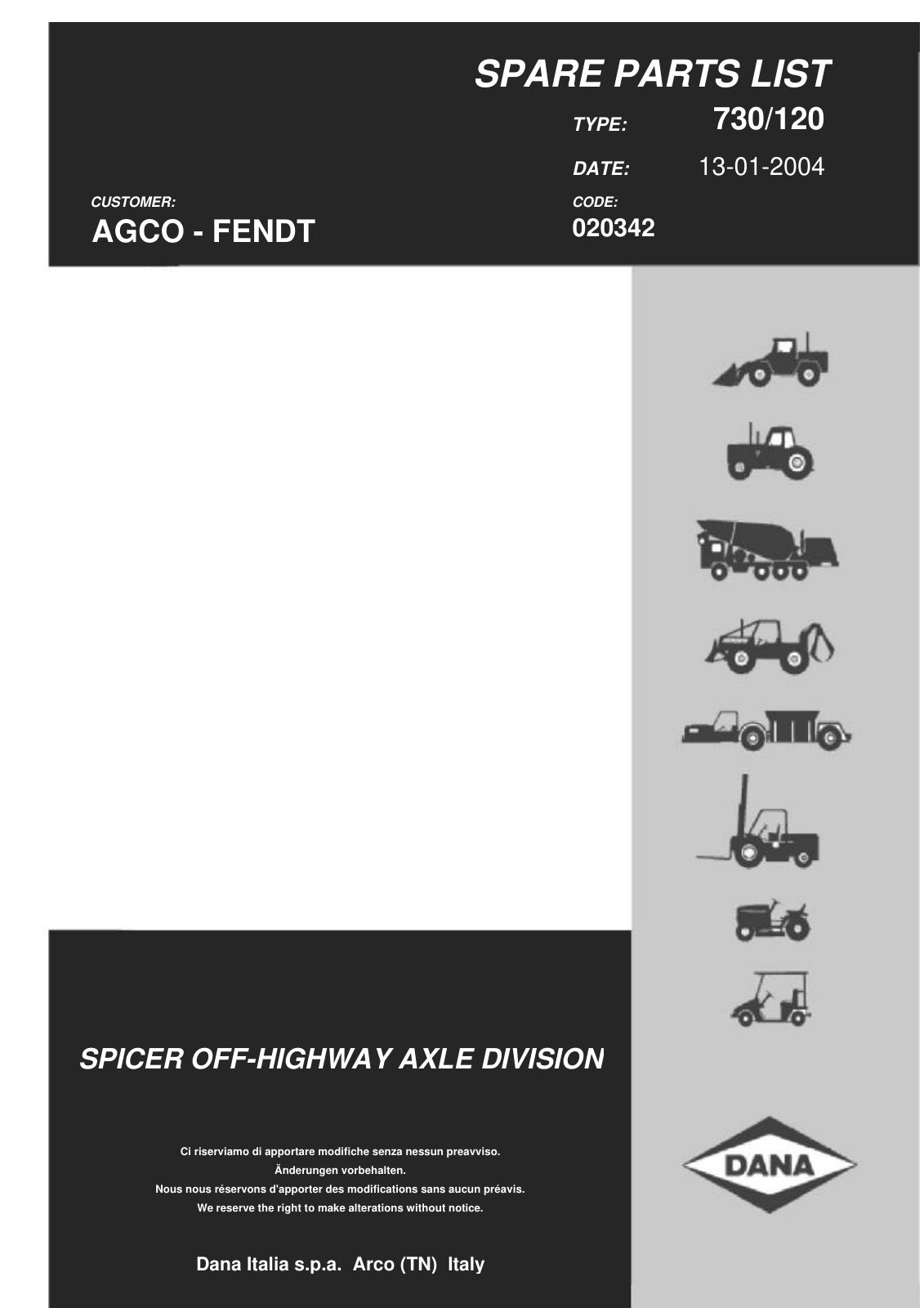 Dana Spicer 730/120 Front Axle Parts Catalog for Fendt FARMER 300 Tractor – cover
