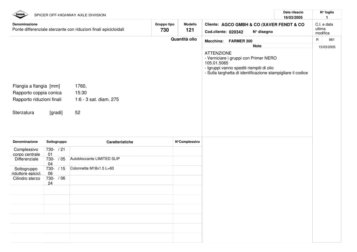 Dana Spicer 730/121 Front Axle Parts Catalog for Fendt FARMER 300 Tractor – sample page 1
