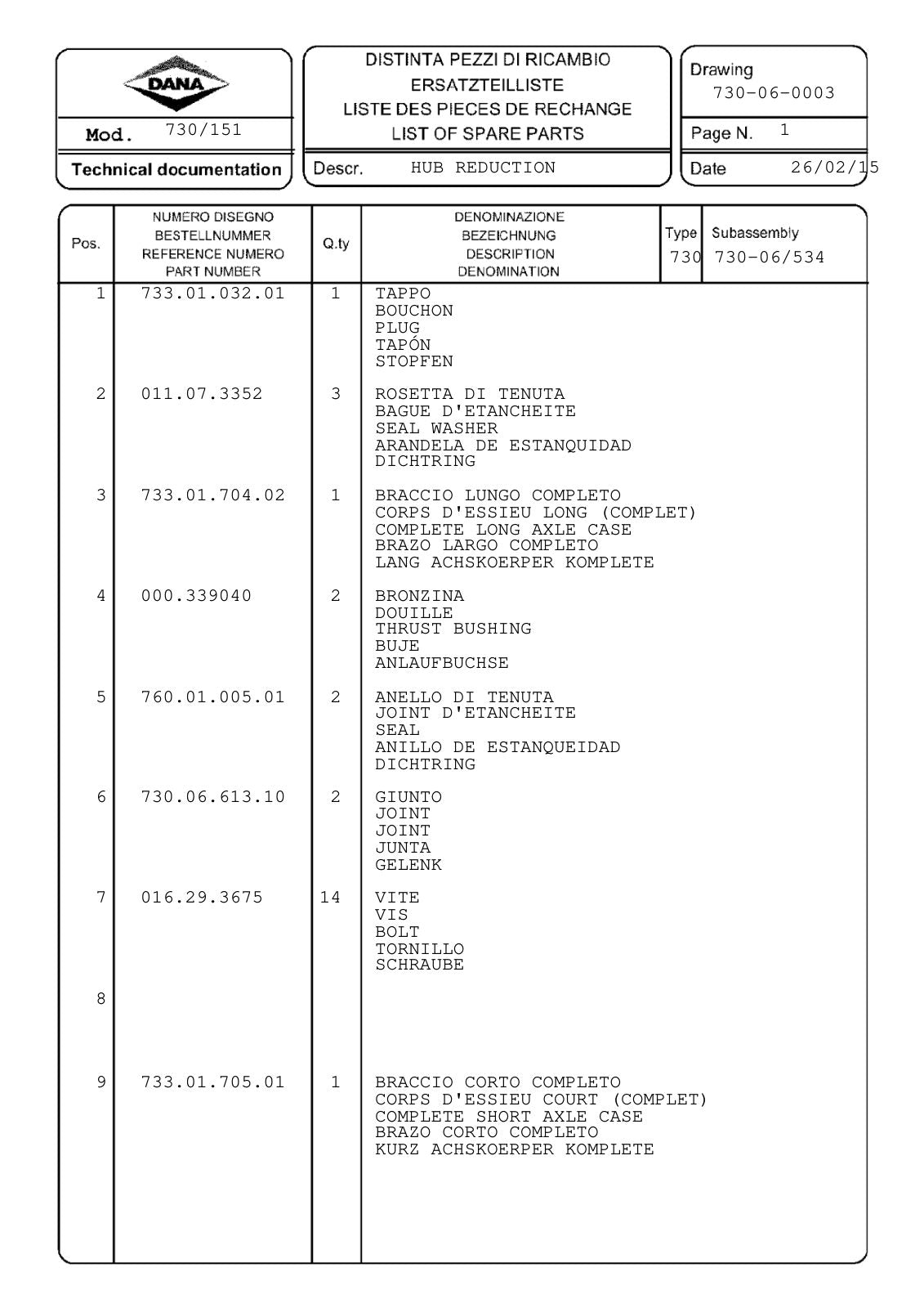Dana Spicer 730/151 Front Axle Parts Catalog for Tractor – sample page 2