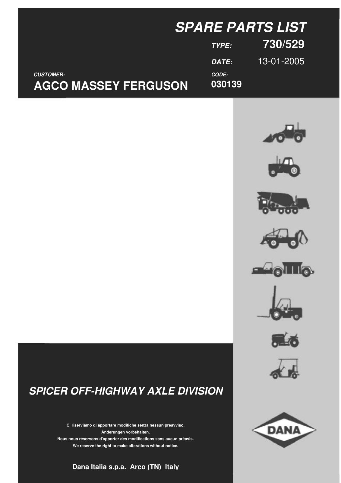 Dana Spicer 730/529 Front Axle Parts Catalog for Massey Ferguson Tractor – cover