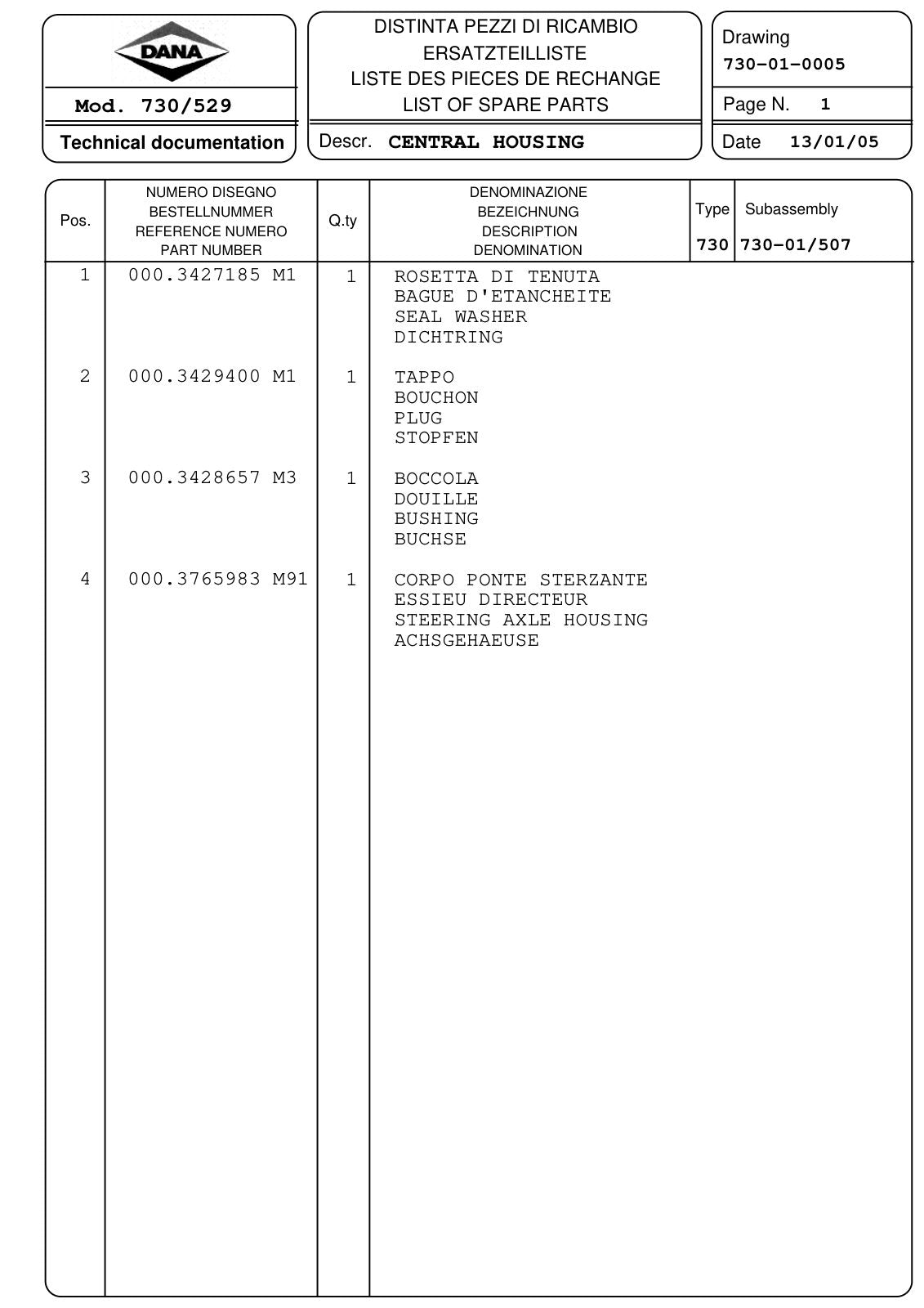 Dana Spicer 730/529 Front Axle Parts Catalog for Massey Ferguson Tractor – sample page 1