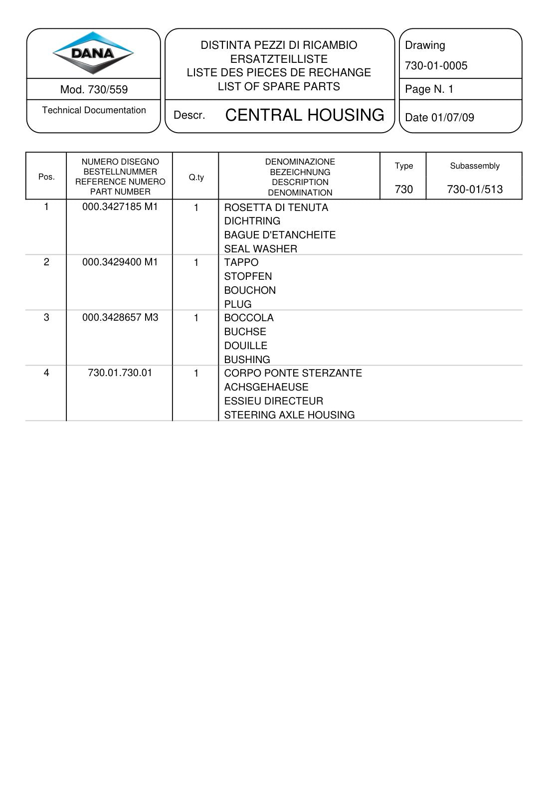 Dana Spicer 730/559 Front Axle Parts Catalog for Tractor – sample page 1
