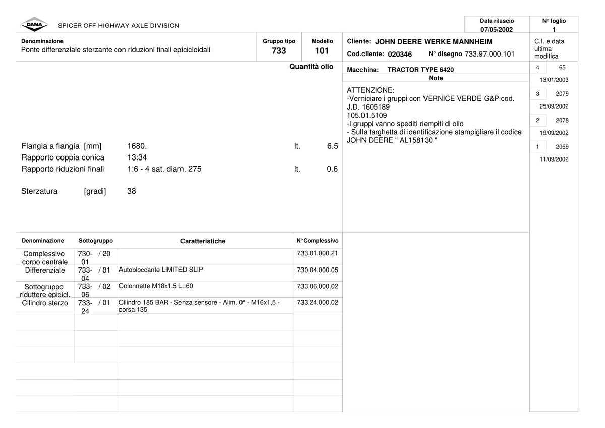 Dana Spicer 733/101 Front Axle Parts Catalog for John Deere 6420 Tractor (John Deere AL158130) – sample page 1
