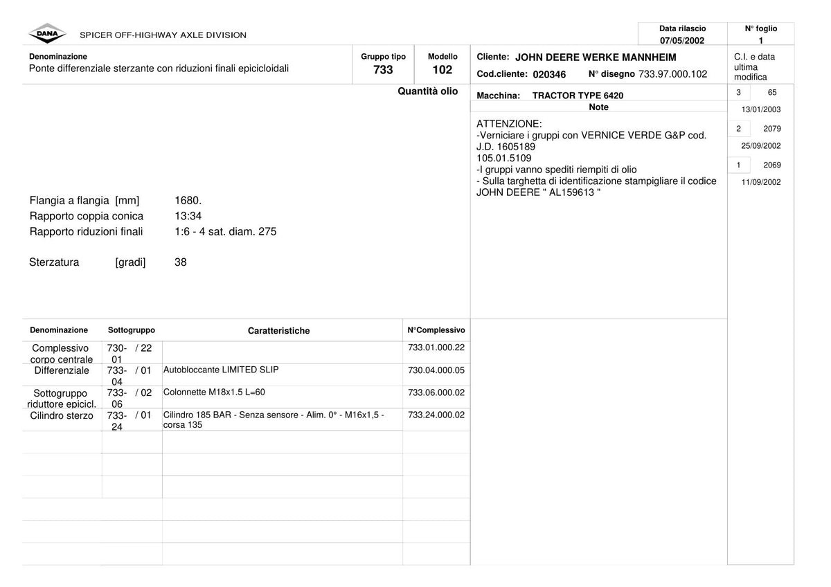 Dana Spicer 733/102 Front Axle Parts Catalog for John Deere 6420 Tractor (John Deere AL159613) – sample page 1