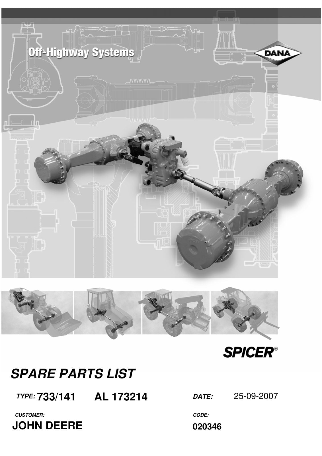 Dana Spicer 733/141 Front Axle Parts Catalog for John Deere Tractor (John Deere AL173214) – cover