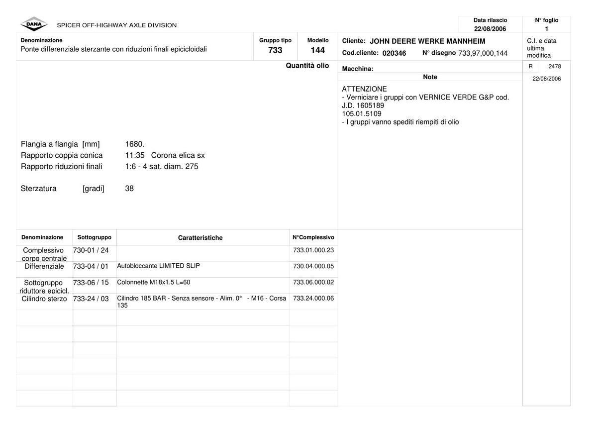 Dana Spicer 733/144 Front Axle Parts Catalog for John Deere Tractor – sample page 1