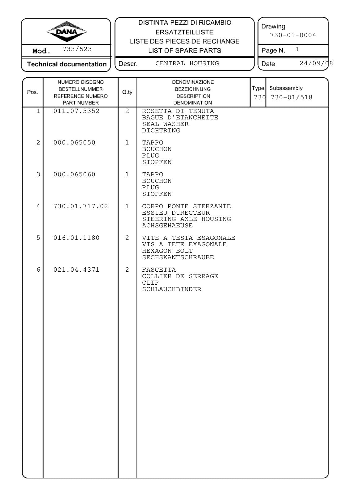 Dana Spicer 733/523 Front Axle Parts Catalog for Valtra Tractor – sample page 1