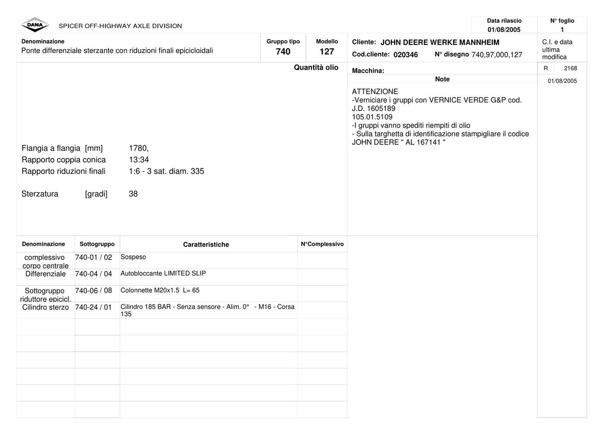 Dana Spicer 740/127 Front Axle Parts Catalog for John Deere Tractor (John Deere AL167141) – sample page 1