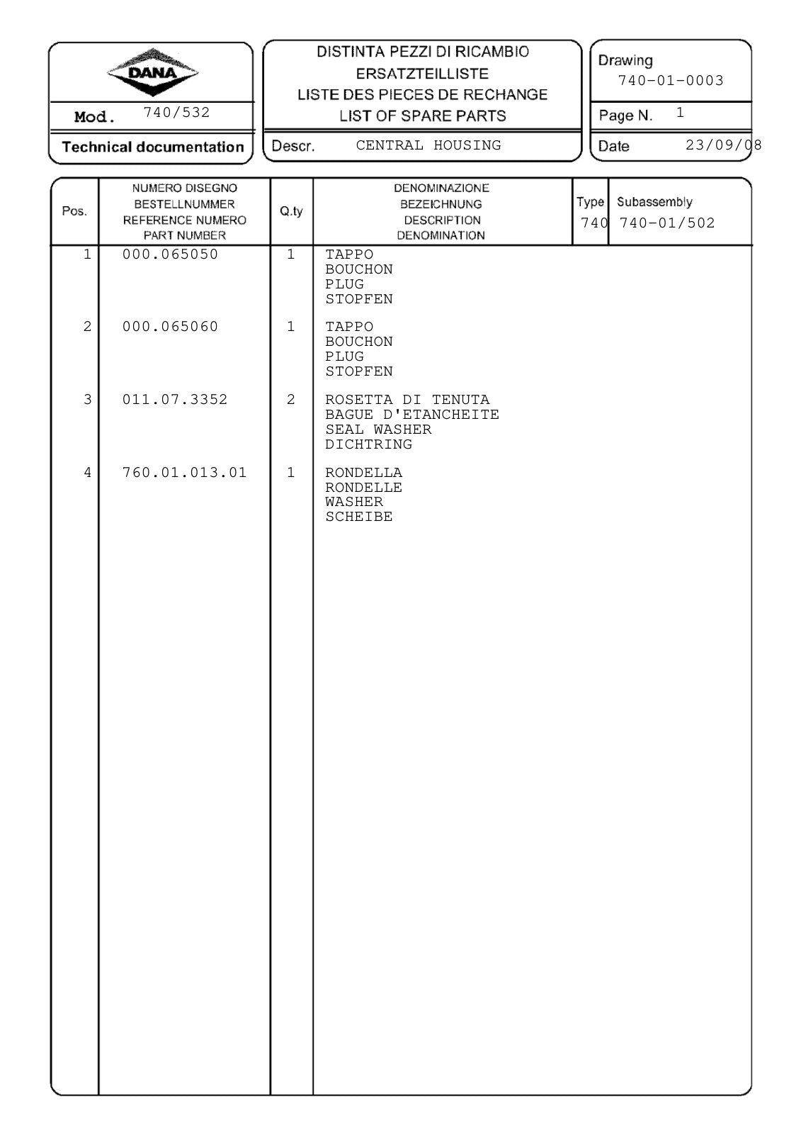 Dana Spicer 740/532 Front Axle Parts Catalog for Valtra Tractor – sample page 1