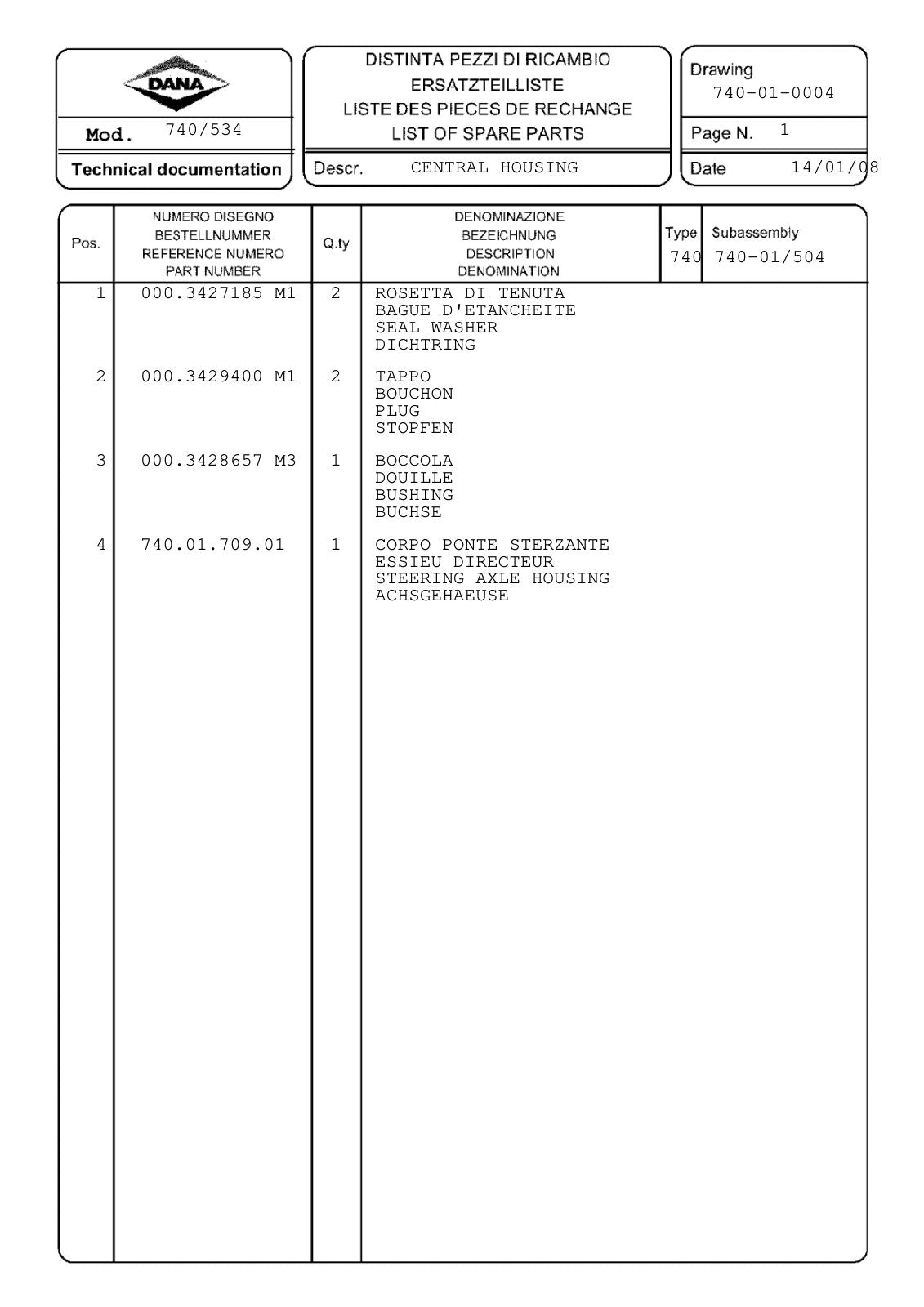 Dana Spicer 740/534 Front Axle Parts Catalog for Landini Tractor – sample page 1
