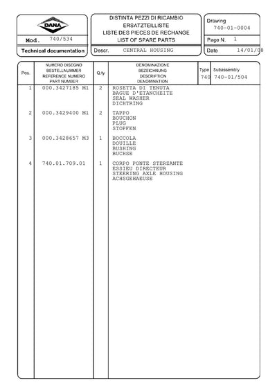 Dana Spicer 740/534 Front Axle Parts Catalog for Landini Tractor – sample page 1