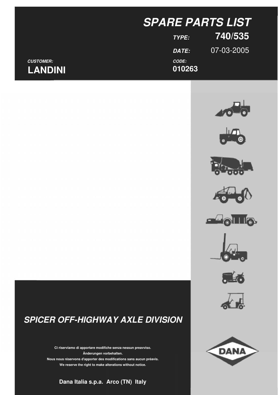 Dana Spicer 740/535 Front Axle Parts Catalog for Landini Tractor – cover