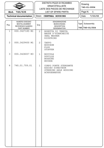 Dana Spicer 740/535 Front Axle Parts Catalog for Landini Tractor – sample page 1
