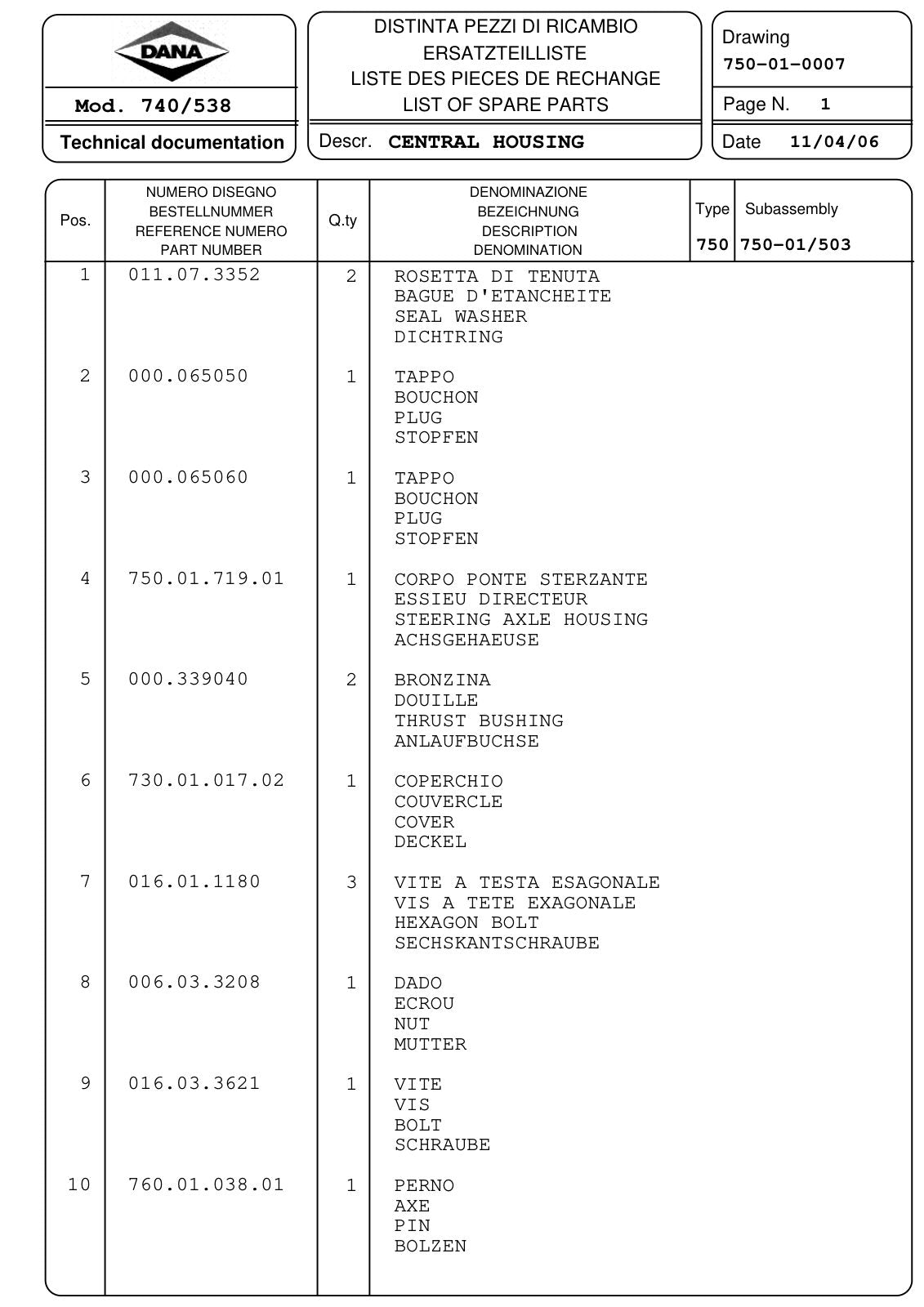 Dana Spicer 740/538 Front Axle Parts Catalog for Massey Ferguson Tractor – sample page 1