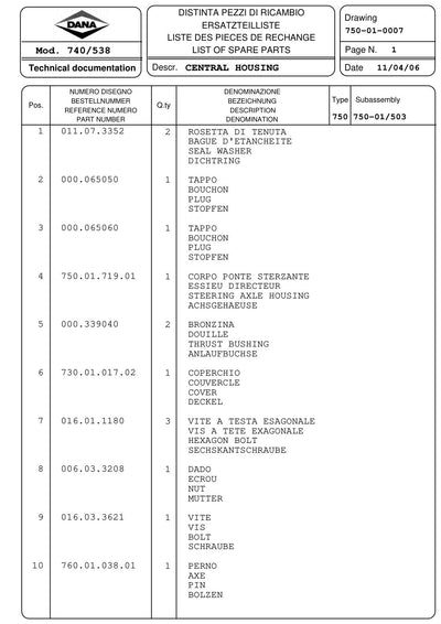 Dana Spicer 740/538 Front Axle Parts Catalog for Massey Ferguson Tractor – sample page 1