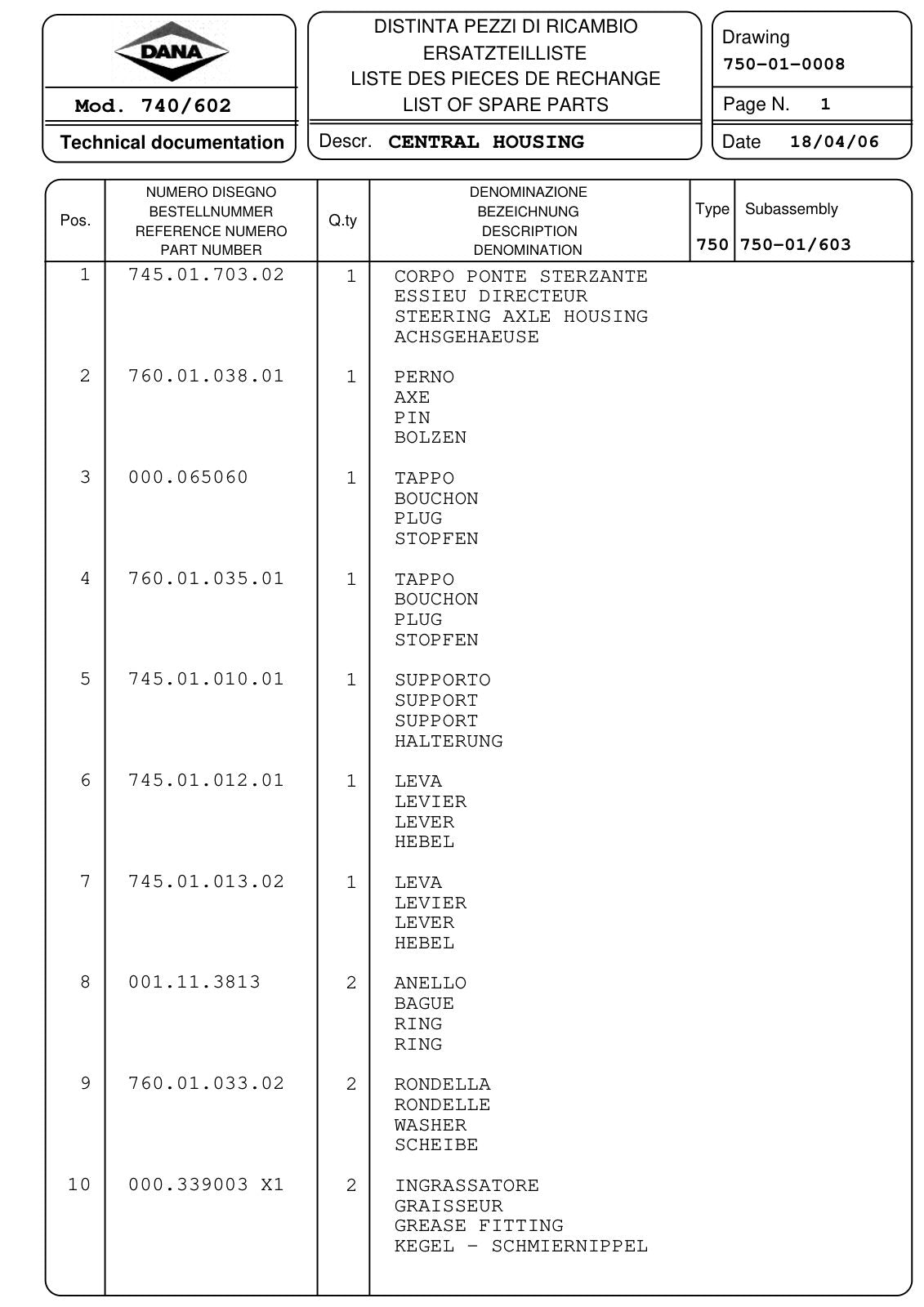 Dana Spicer 740/602 Front Axle Parts Catalog for Massey Ferguson Tractor – sample page 1