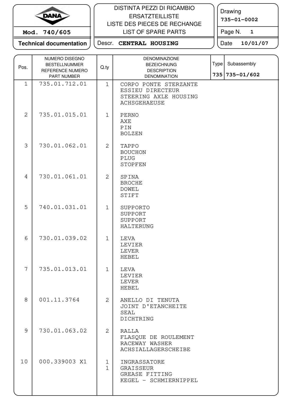 Dana Spicer 740/605 Front Axle Parts Catalog for Massey Ferguson Tractor – sample page 1