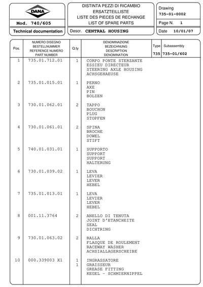 Dana Spicer 740/605 Front Axle Parts Catalog for Massey Ferguson Tractor – sample page 1