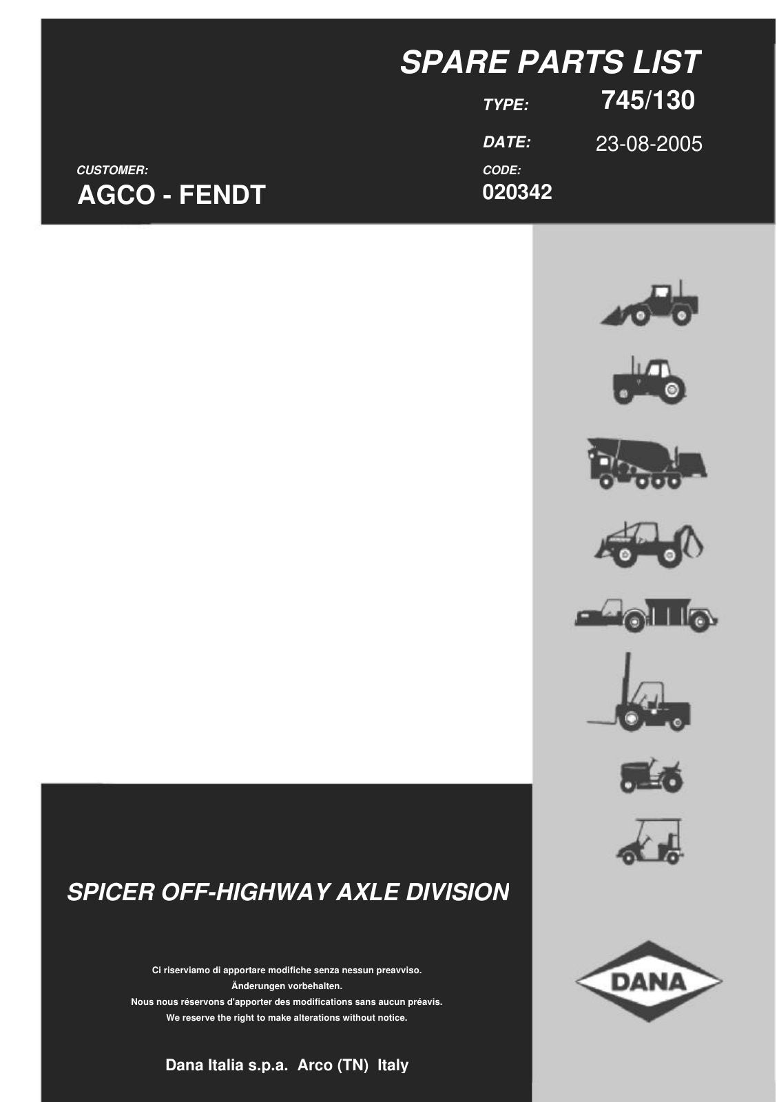Dana Spicer 745/130 Front Axle Parts Catalog for Fendt FAVORIT 700 (180 HP ) Tractor – cover