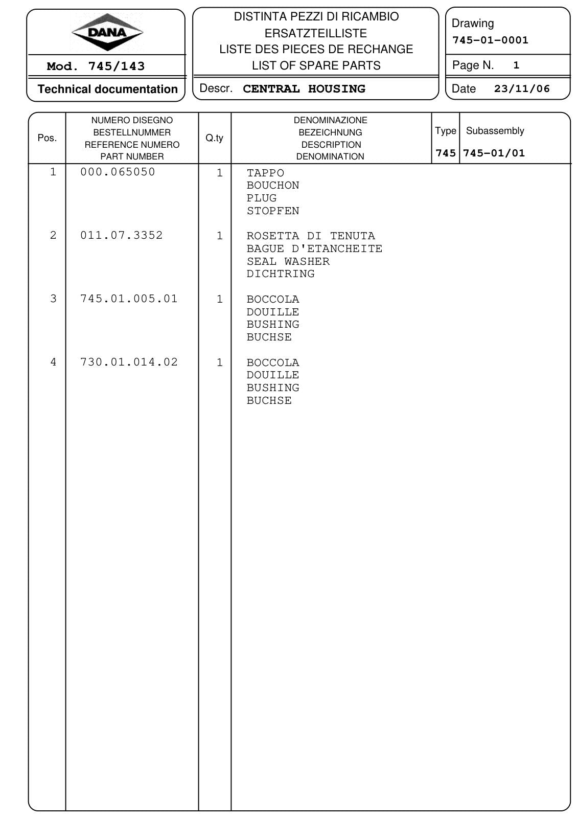 Dana Spicer 745/143 Front Axle Parts Catalog for Fendt Tractor – sample page 1