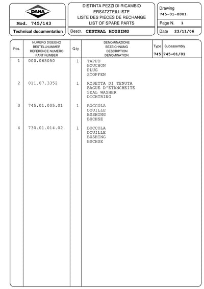 Dana Spicer 745/143 Front Axle Parts Catalog for Fendt Tractor – sample page 1
