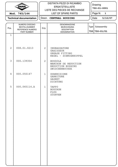 Dana Spicer 745/144 Front Axle Parts Catalog for John Deere Tractor (John Deere AL178620) – sample page 1