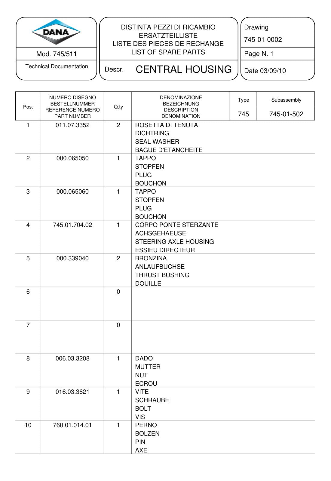 Dana Spicer 745/511 Front Axle Parts Catalog for Claas Tractor – sample page 1