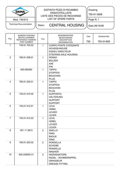 Dana Spicer 745/610 Front Axle Parts Catalog for AGCO Tractor – sample page 1