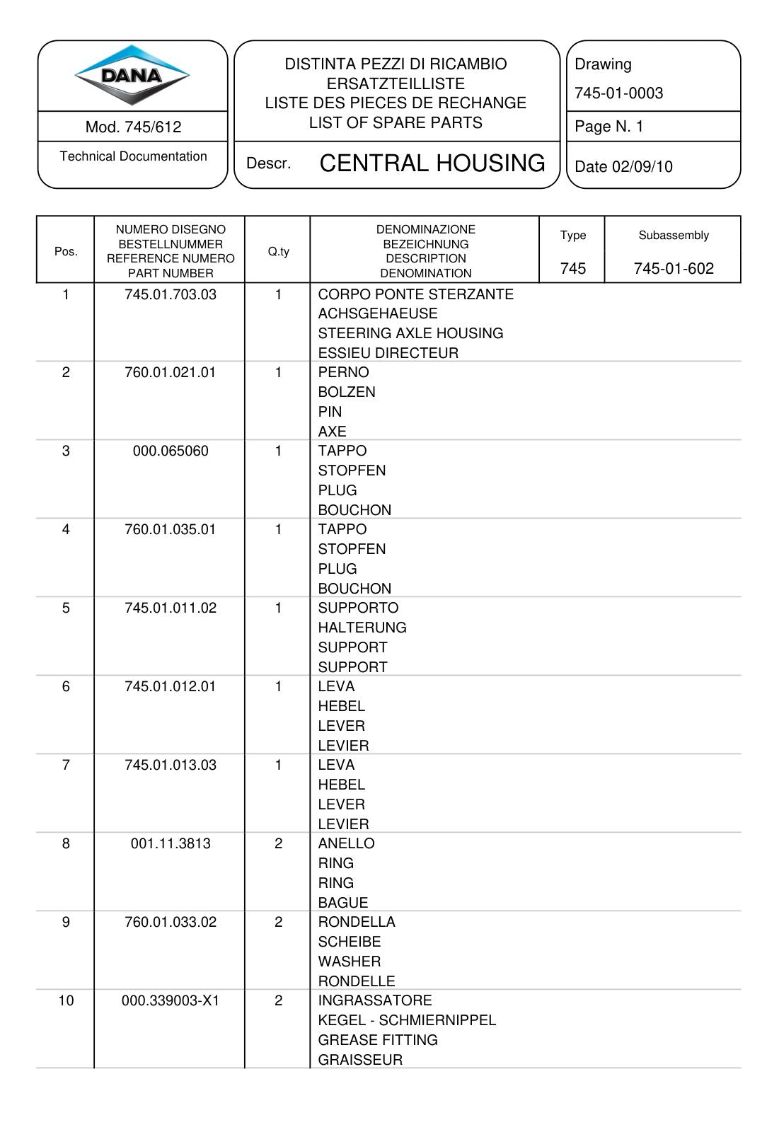 Dana Spicer 745/612 Front Axle Parts Catalog for Claas Tractor – sample page 1