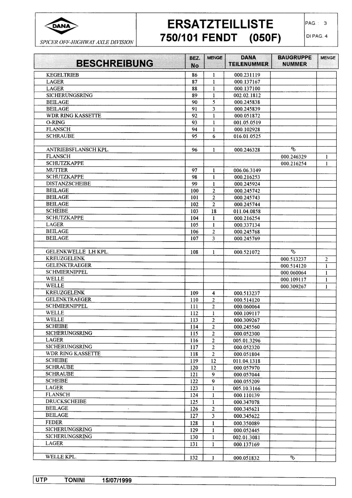 Dana Spicer 750/101 Front Axle Parts Catalog for Fendt Tractor – sample page 2