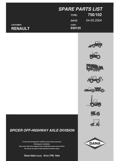Dana Spicer 750/102 Front Axle Parts Catalog for Claas Tractor – cover