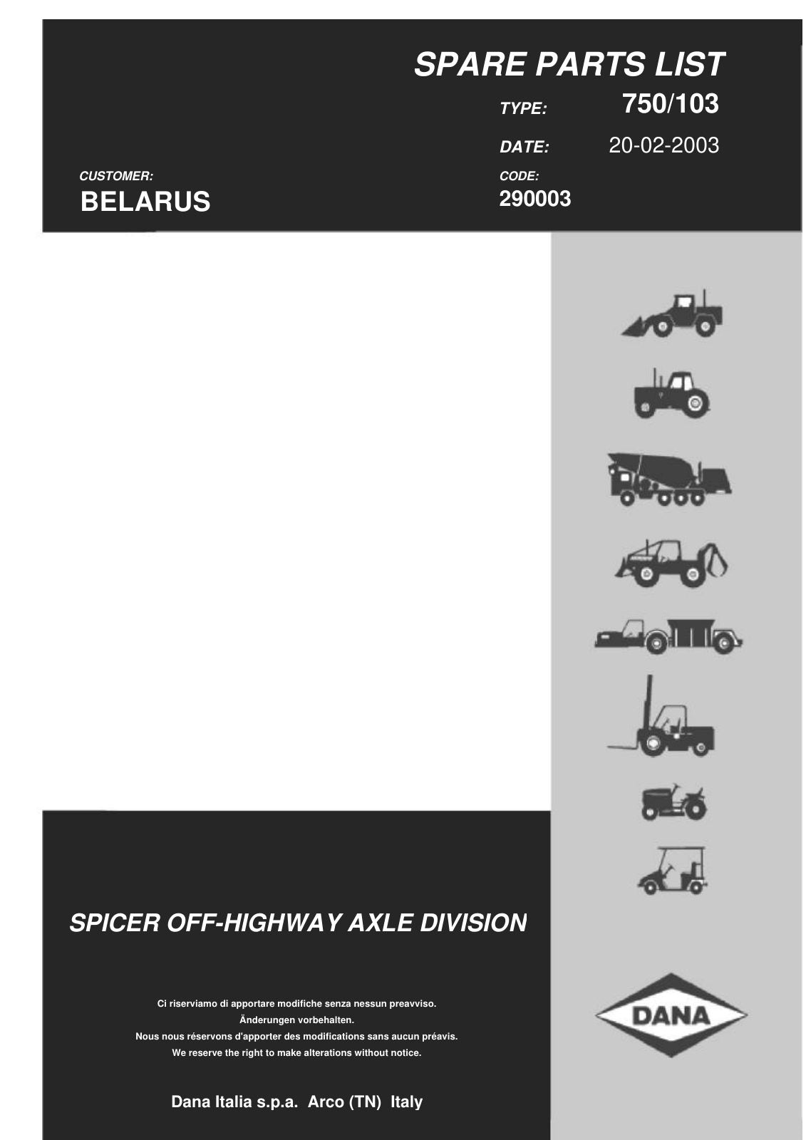 Dana Spicer 750/103 Front Axle Parts Catalog for MTZ Belarus Tractor – cover