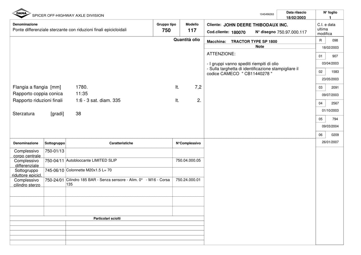 Dana Spicer 750/117 Front Axle Parts Catalog for John Deere SP 1800 Tractor – sample page 1