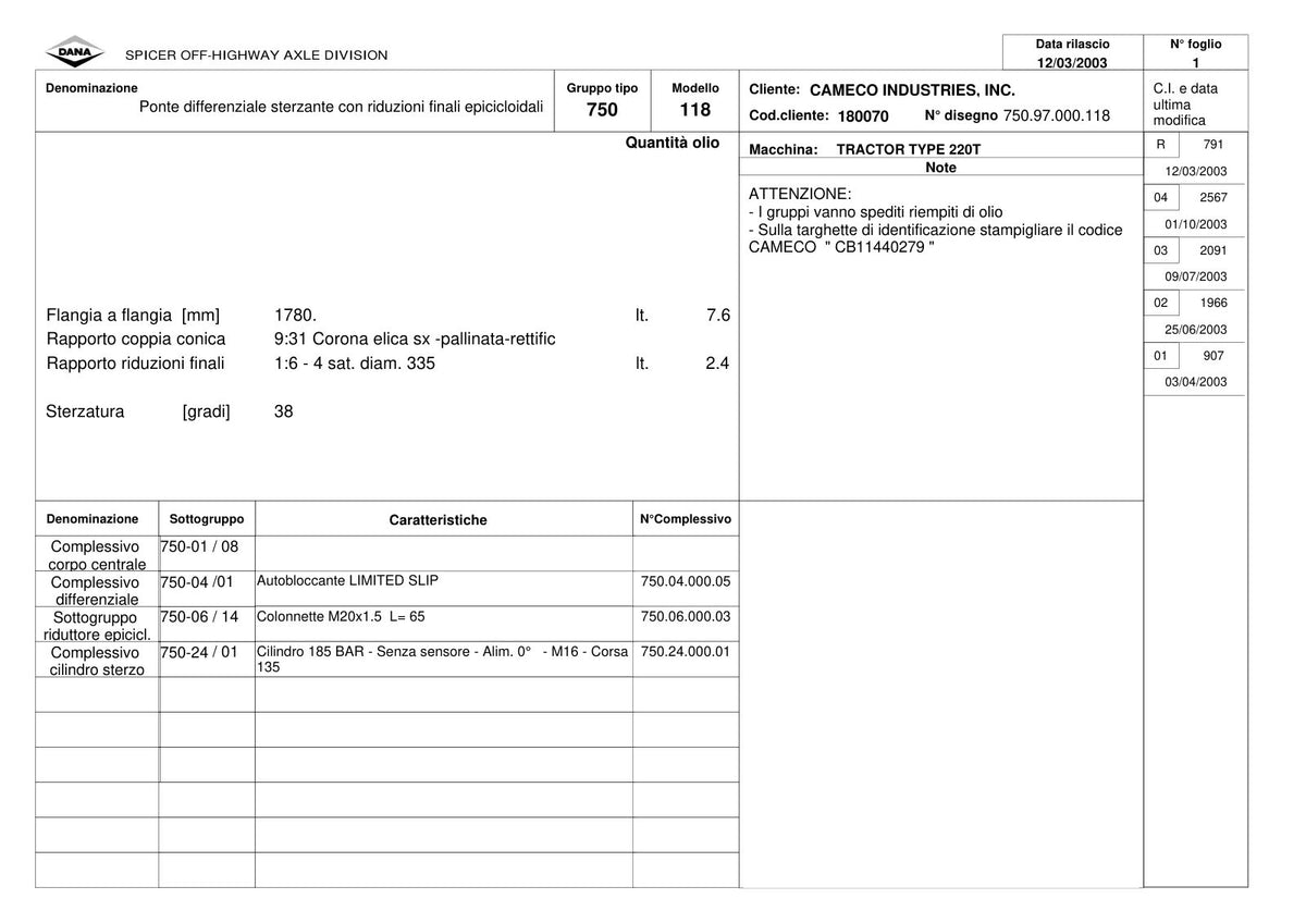 Dana Spicer 750/118 Front Axle Parts Catalog for 220T Tractor – sample page 1