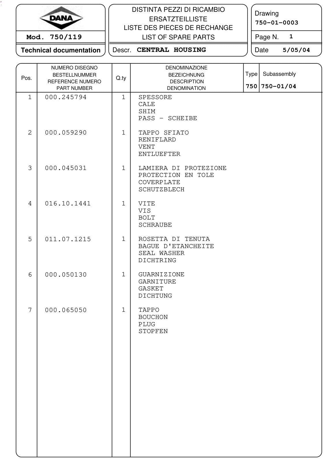Dana Spicer 750/119 Front Axle Parts Catalog for Renault Tractor – sample page 1