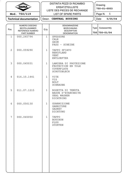 Dana Spicer 750/119 Front Axle Parts Catalog for Renault Tractor – sample page 1