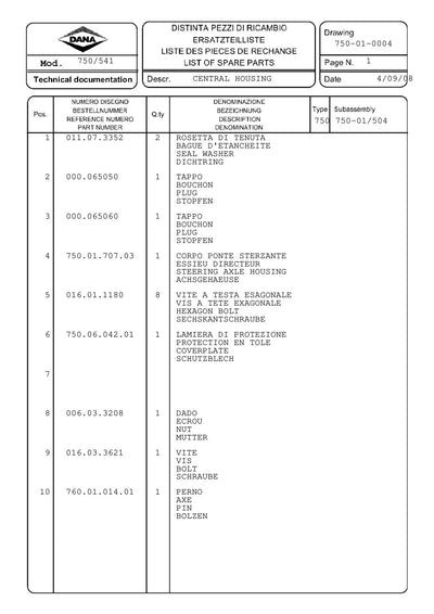 Dana Spicer 750/541 Front Axle Parts Catalog for Claas Tractor – sample page 1