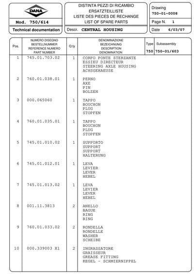 Dana Spicer 750/614 Front Axle Parts Catalog for Massey Ferguson Tractor – sample page 1