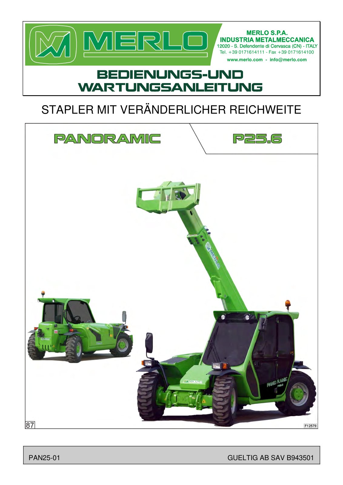 Merlo Panoramic P25.6, P25.6L Service Manual Set with Diagrams (German) – cover