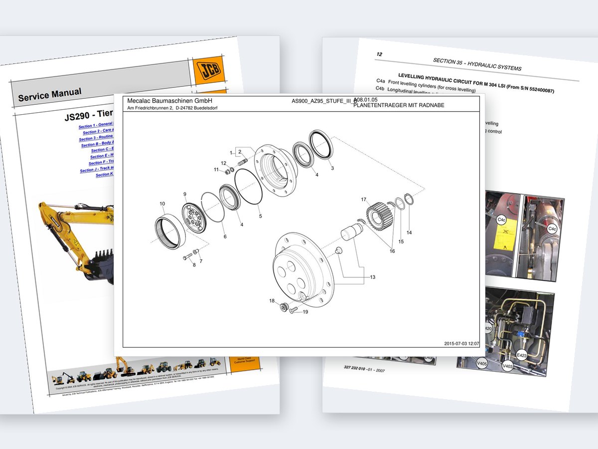 Sample pages from a service manual and parts catalog: cover, exploded-view drawing and repair procedure