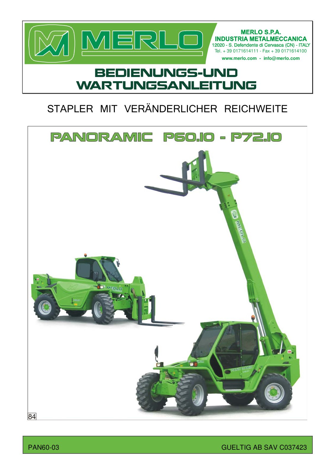 Merlo Panoramic P60.10, P72.10 IMS Service Manual Set with Diagrams (German) – cover