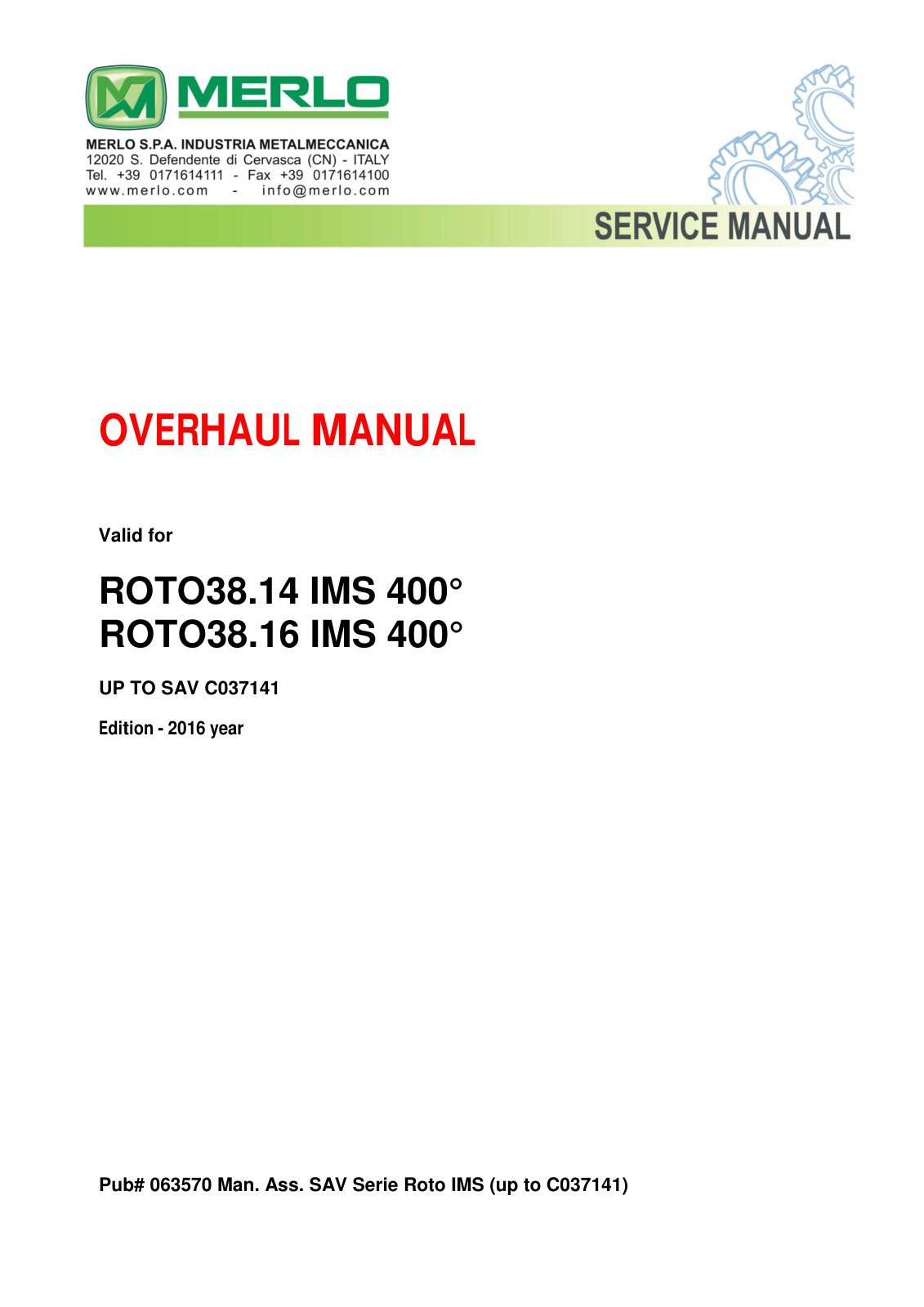 Merlo Roto 38.14, 38.16 IMS 400° Overhaul & Diagnostic Manual (up to S/N C037141) – cover