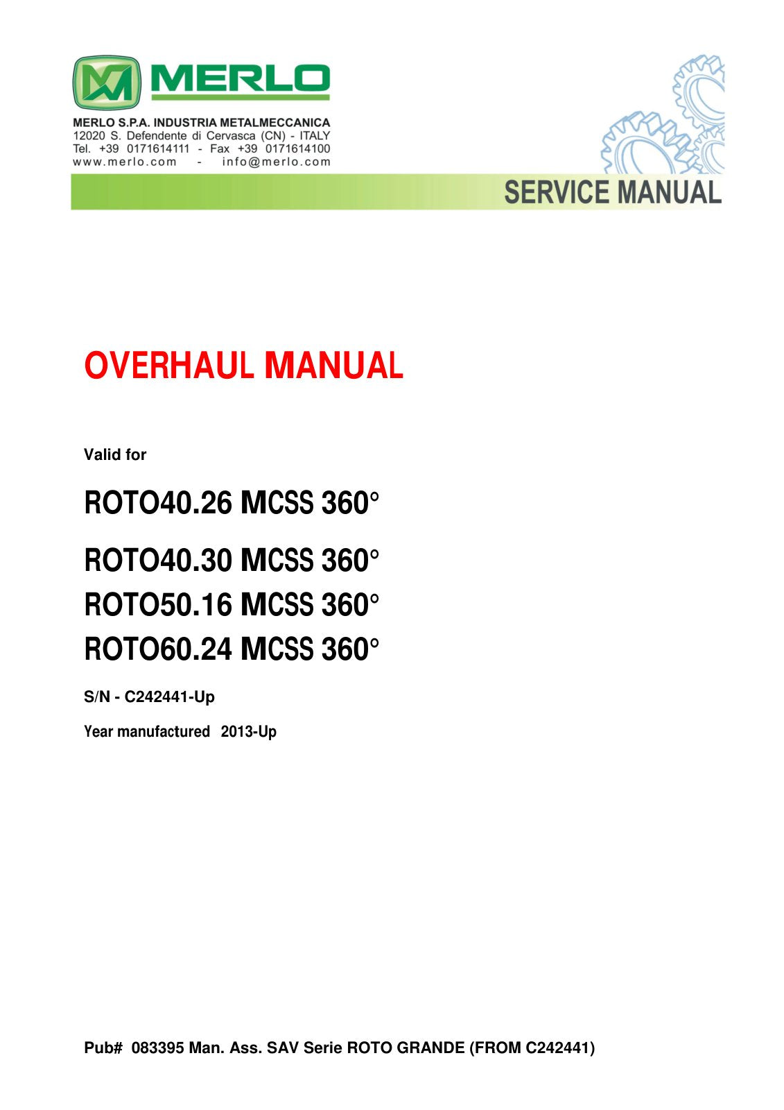 Merlo Roto 40.26, 40.30, 50.16, 60.24 MCSS 360° Overhaul & Diagnostic Manual (from S/N C242441) – cover