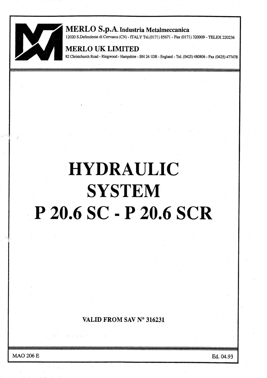 Merlo Panoramic P20.6SC Driveline, Hydraulic & Electrical Manual – cover